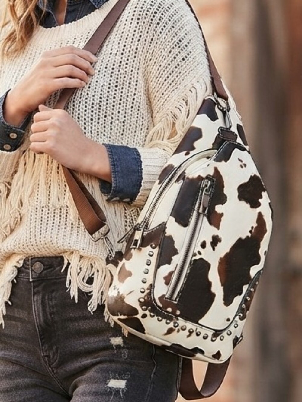 NWOT Sam & Hadley Western Cowhide Print Studded Sling Backpack - Hands-Free